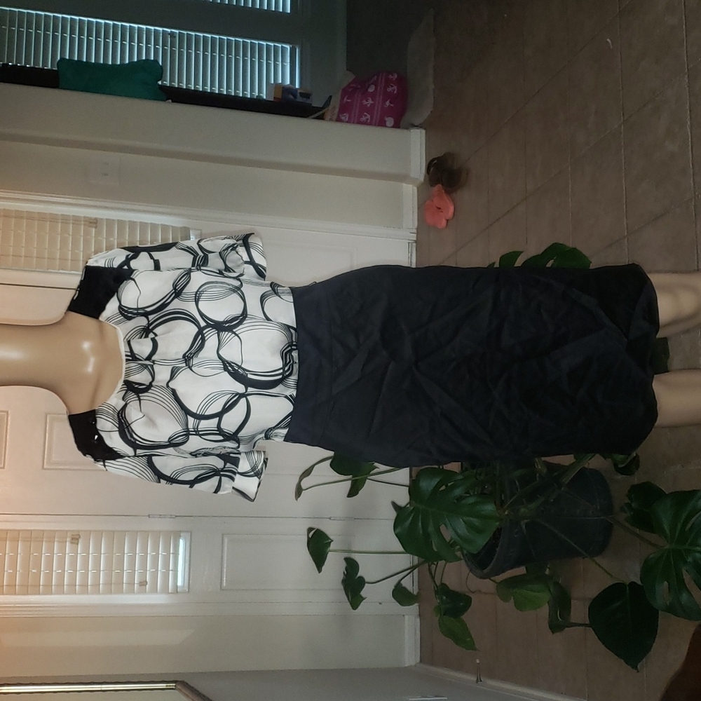Roem s polished pattern block pencil dress swirly rings upper shiny black lower